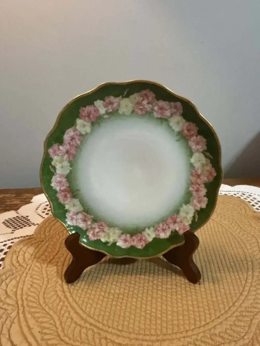 Antique Jean Pouyat JP Limoges Green and Pink Floral Porcelain Decorative Plate